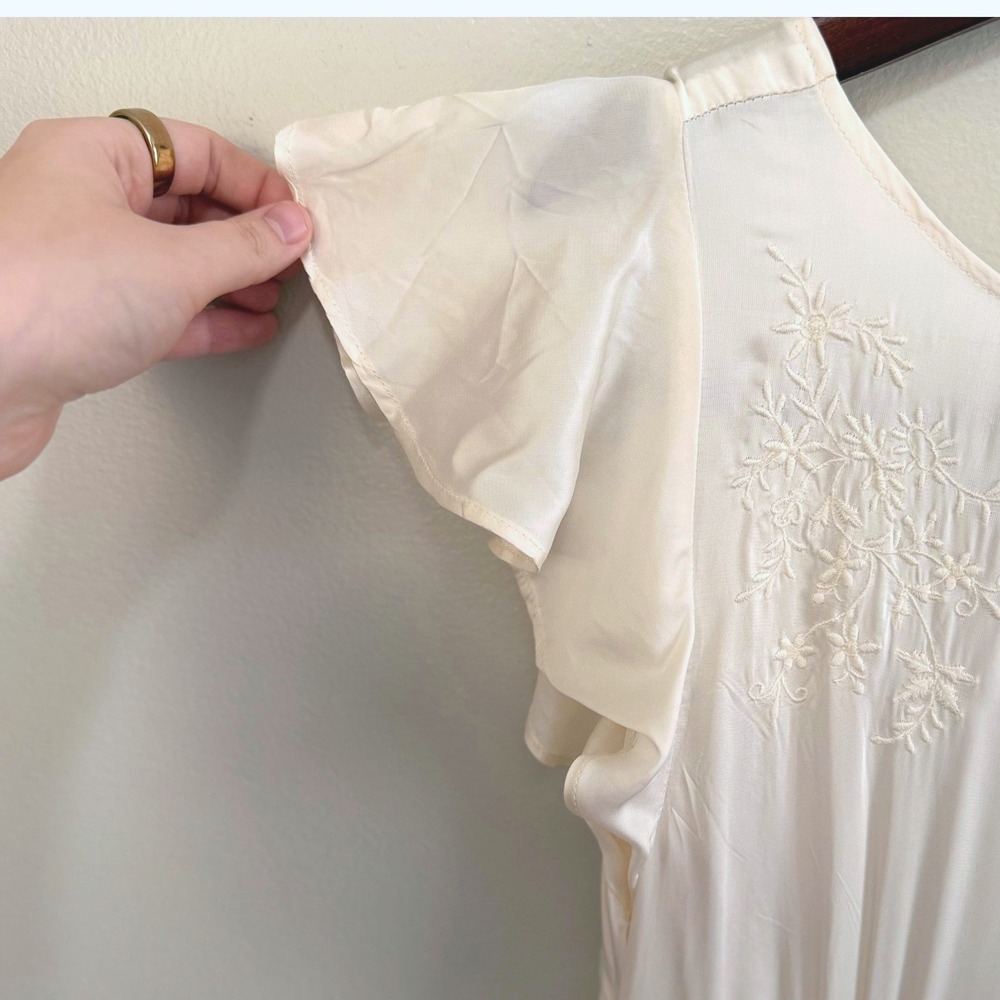 Zara Home Cream Satin Embroidered Flutter Sleeve Open Back Nightgown SZ L NWT - Picture 6 of 11